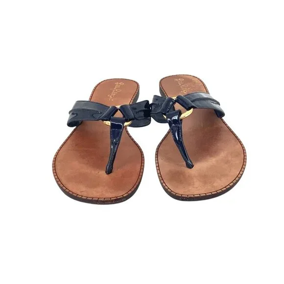 Lilly Pulitzer McKim Sandal True Navy Blue & Brown Leather Upper 10M - Picture 1 of 6
